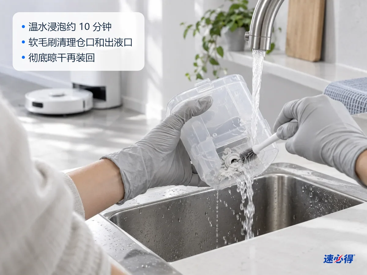 AI 示意图：水槽边，戴手套的手用细软毛刷清理加液仓的出液口，仓口的白色结晶正在被温水冲掉
