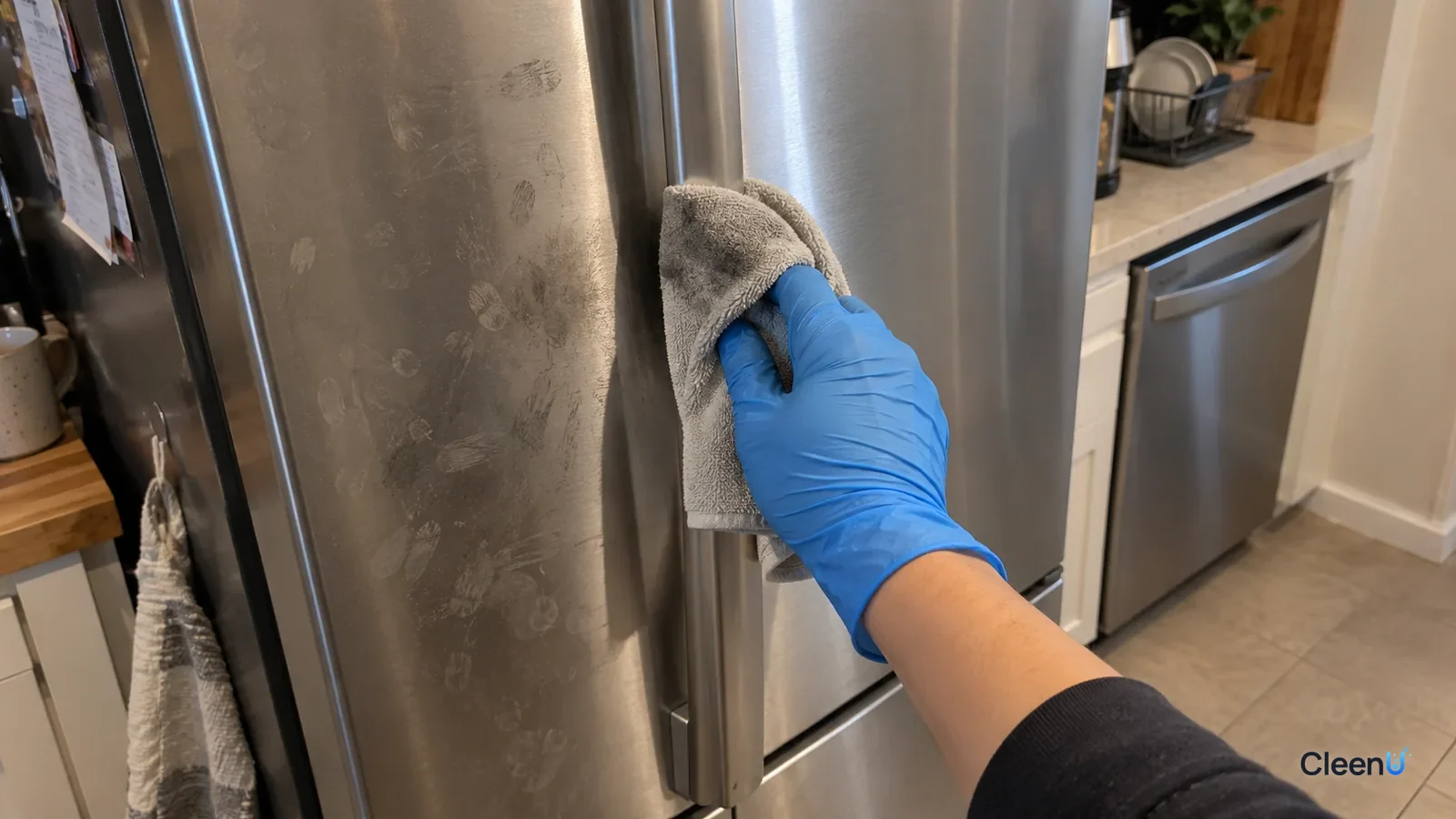 First-person close-up: a hand in blue nitrile gloves wipes along the grain around a stainless fridge handle with a microfiber cloth; faint gray on the cloth, one side even, the rest smudged.