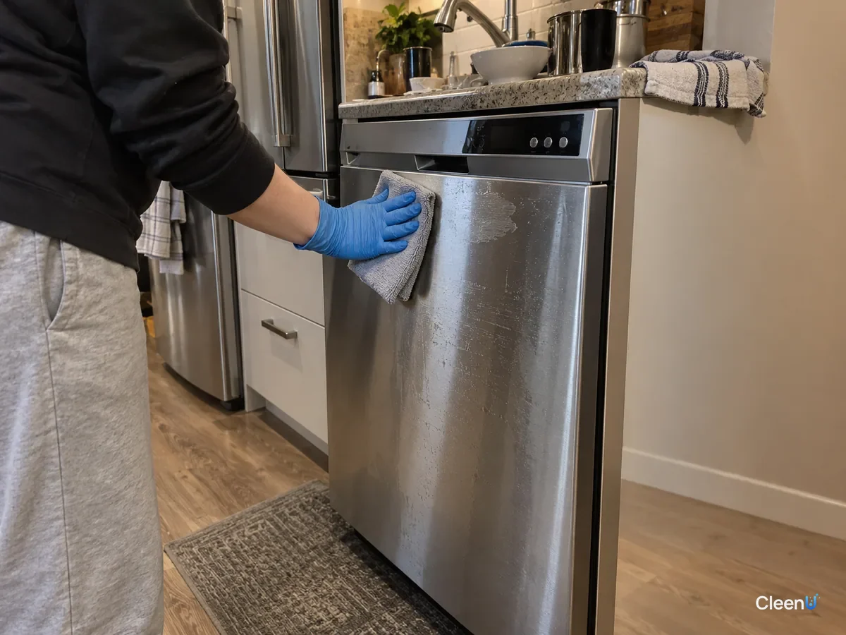 Kitchen: a hand in blue nitrile gloves wipes a brushed stainless dishwasher door along the grain, the cloth stopping just below the control panel with its buttons and display.