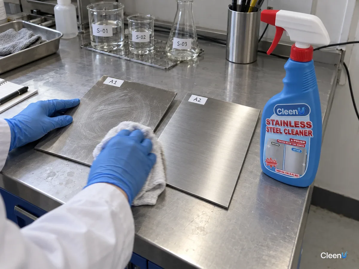 Lab bench with two brushed stainless panels with test codes: one wiped in circles and streaky, one wiped with the grain and even; compared in side light beside CleenU Stainless Steel Cleaner & Polish.
