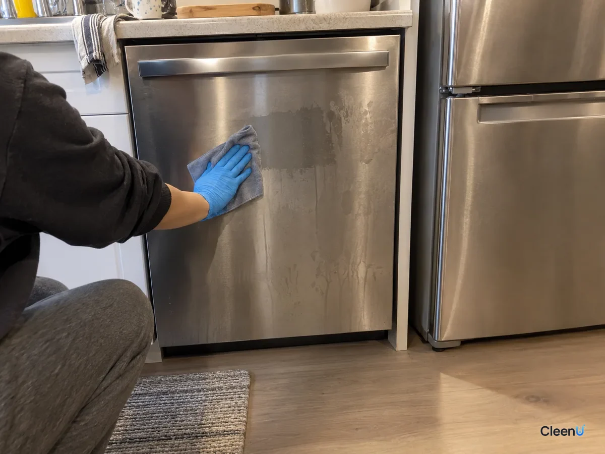 From a step away, a crouching forearm in blue nitrile gloves wipes a stainless dishwasher door along the grain; a wet streak left on the wiped section, fingerprints on the rest.