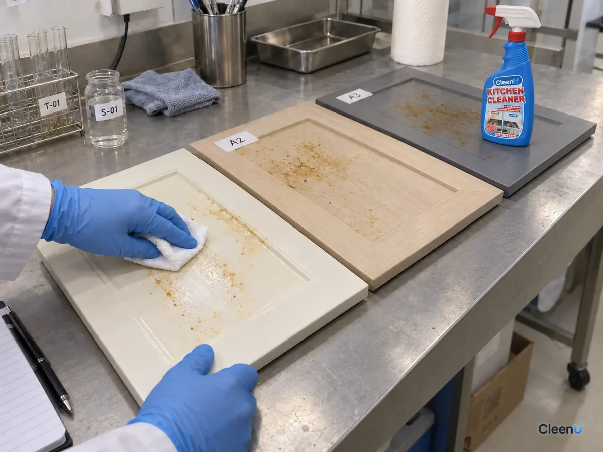 Lab bench: coded cabinet panel samples with baked-on grease film; a technician tests a corner with cleaner on a paper towel and checks the finish, beside CleenU Kitchen Cleaner & Degreaser.