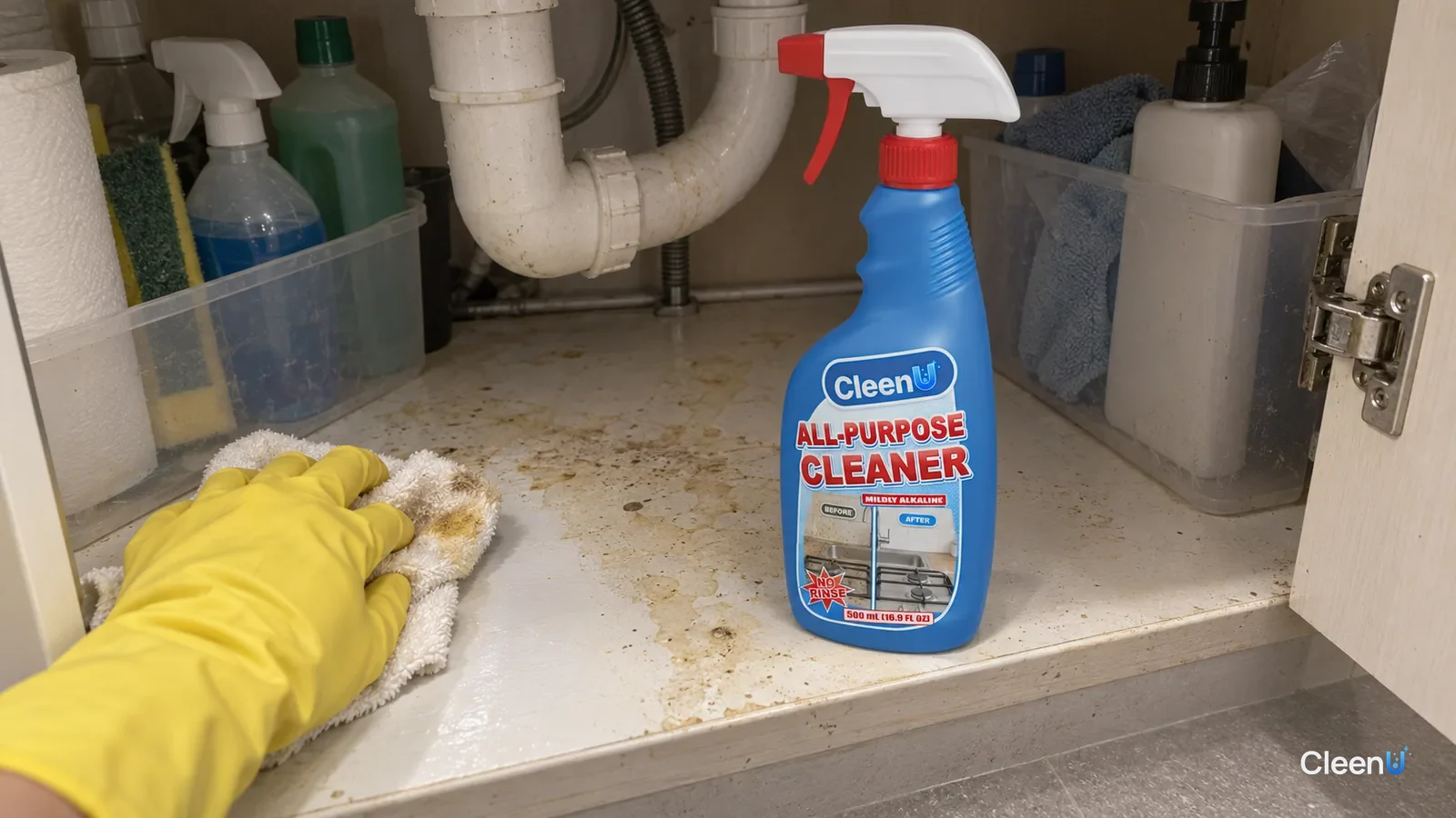 First-person close-up: a hand in yellow rubber gloves wipes a dried spill off the under-sink cabinet floor; yellow marks on the cloth, half clean, a capped CleenU All-Purpose Cleaner in front.