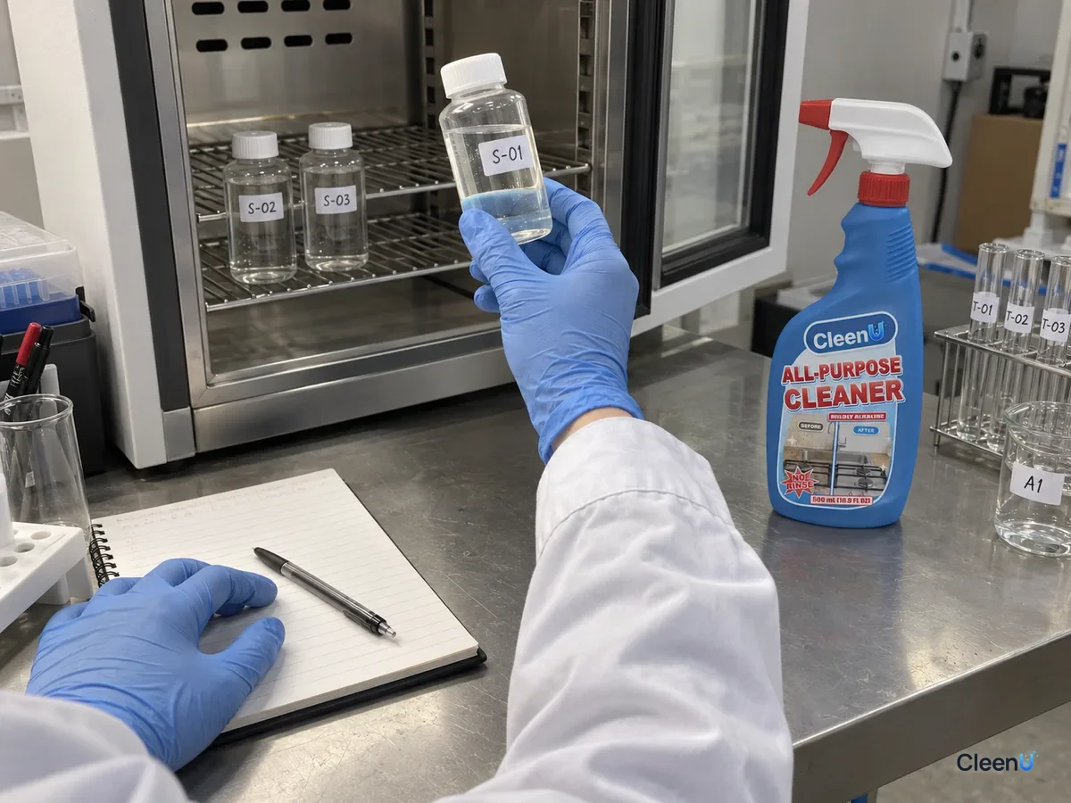 A lab stability oven open with a row of retained cleaner samples with test codes; a technician holds one to the light to check for separation, beside a logbook and CleenU All-Purpose Cleaner.