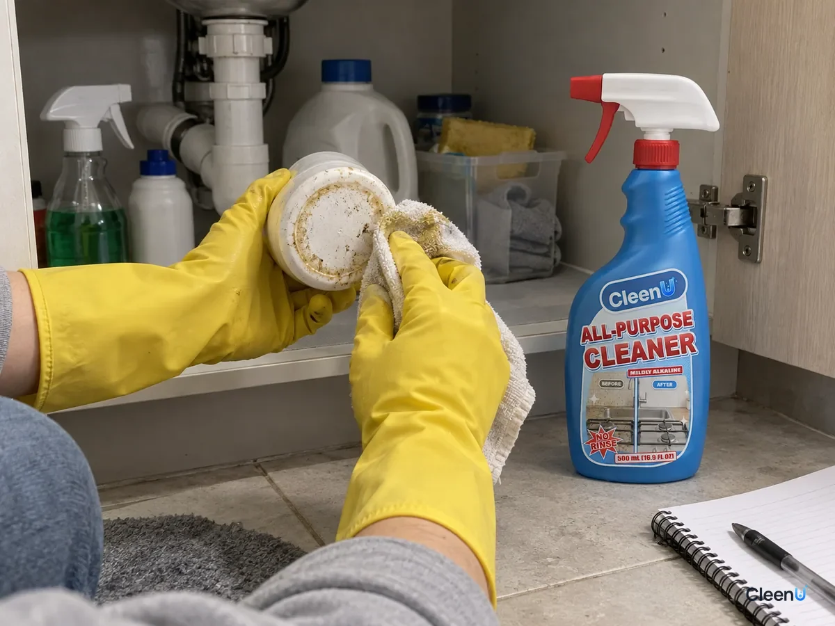 From a step away, a crouching forearm in yellow rubber gloves wipes a bottle base with a damp cloth, a yellow ring on it; a capped CleenU All-Purpose Cleaner stands by, a notebook on the floor.