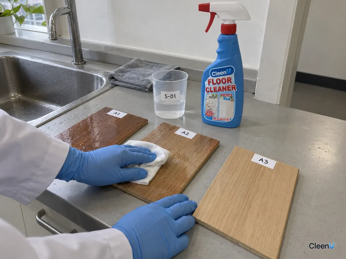 Lab bench: coded wood floor samples mopped with different dilutions, one given an extra plain-water pass; a technician checks residue with a white cloth, beside CleenU Floor Cleaner.