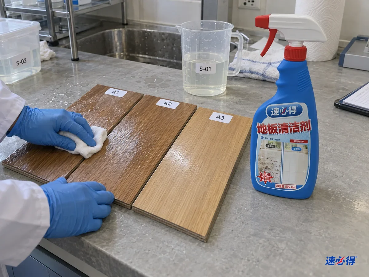 实验台上几块贴着不同测试编号的木地板样块，分别用不同浓度的稀释液拖过，其中一块再用清水过一遍，技术人员用白布擦试比较残留，台面上放着一瓶速必得地板清洁剂和量杯。