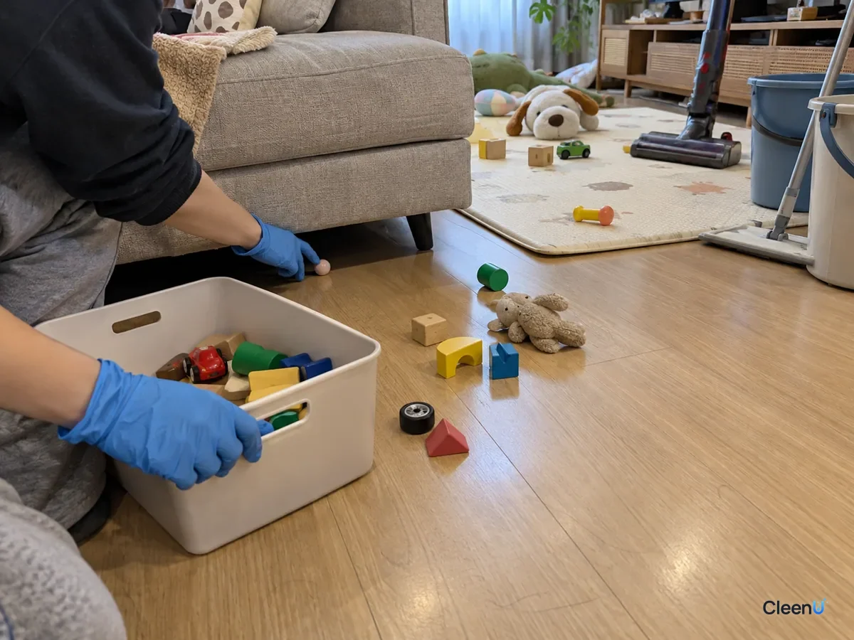 On a living room wood floor, a blue nitrile-gloved hand collects scattered blocks and small parts into a bin, picking a small bead from under the sofa; the play mat is empty.