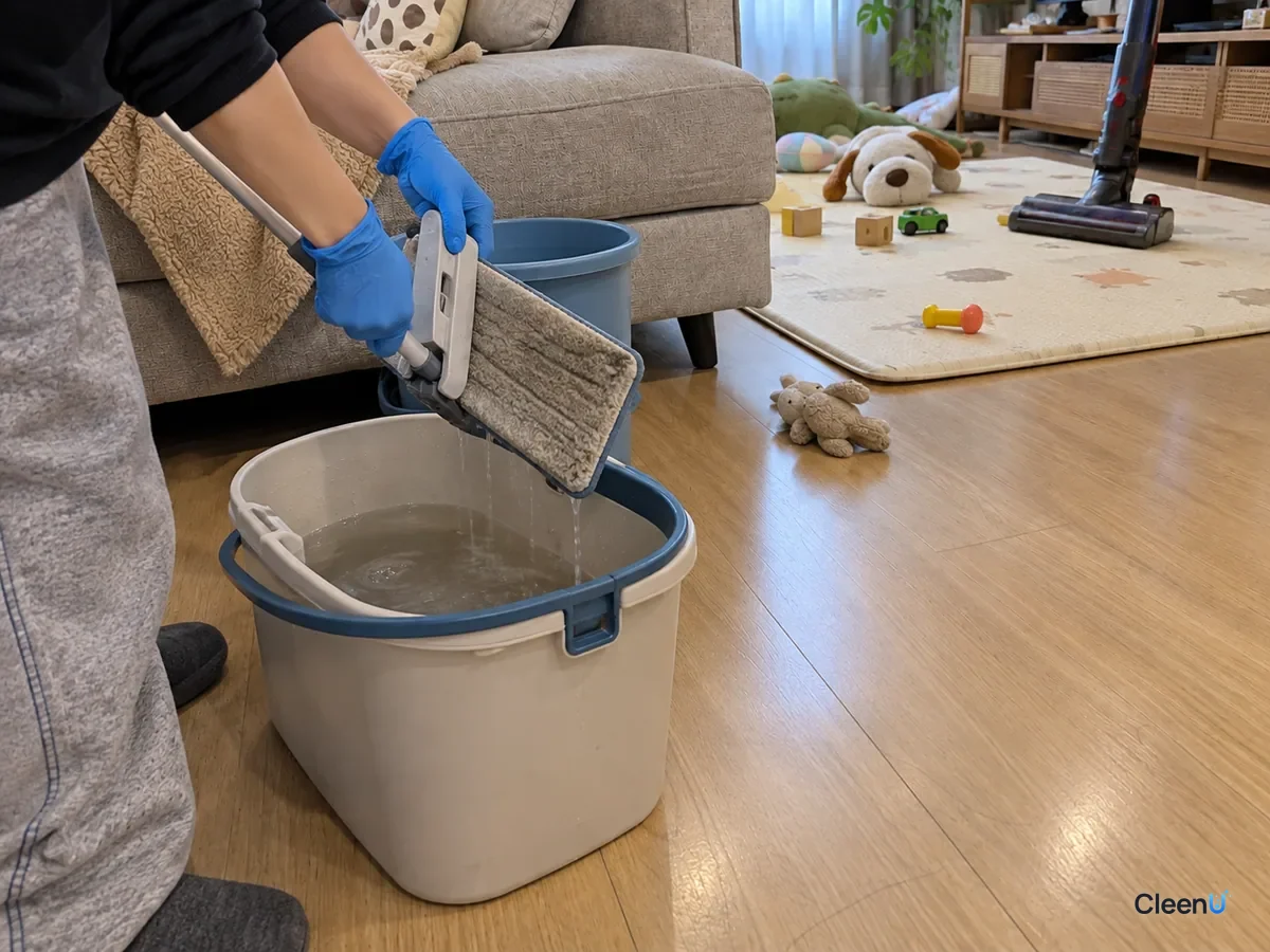 Same floor: the blue-gloved hand wrings the flat mop pad until it stops dripping over a bucket of slightly gray water, the floor beside it now cleared.