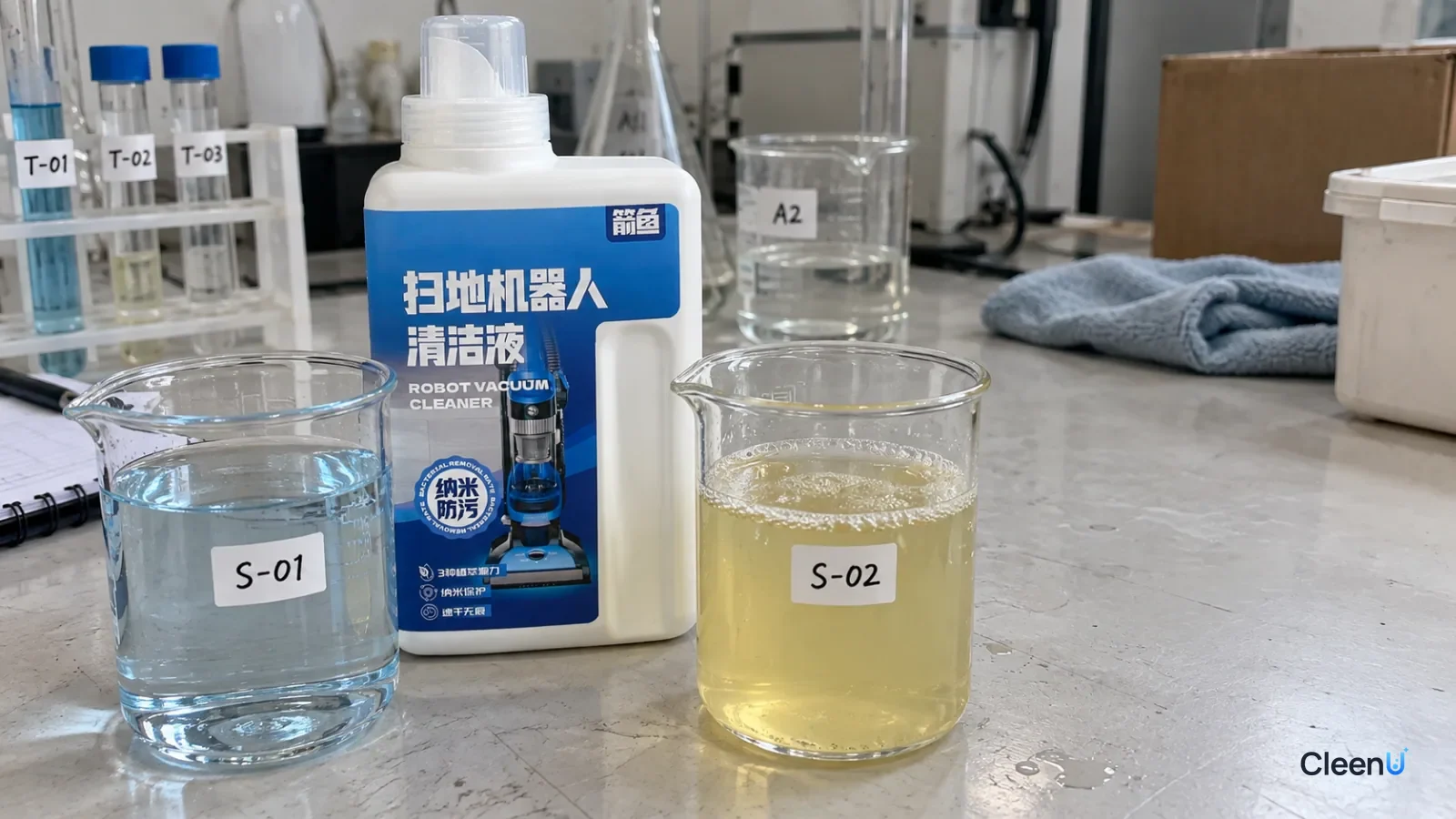 AI illustration: Two beakers containing clear and yellowish liquids beside a blue cleaner bottle