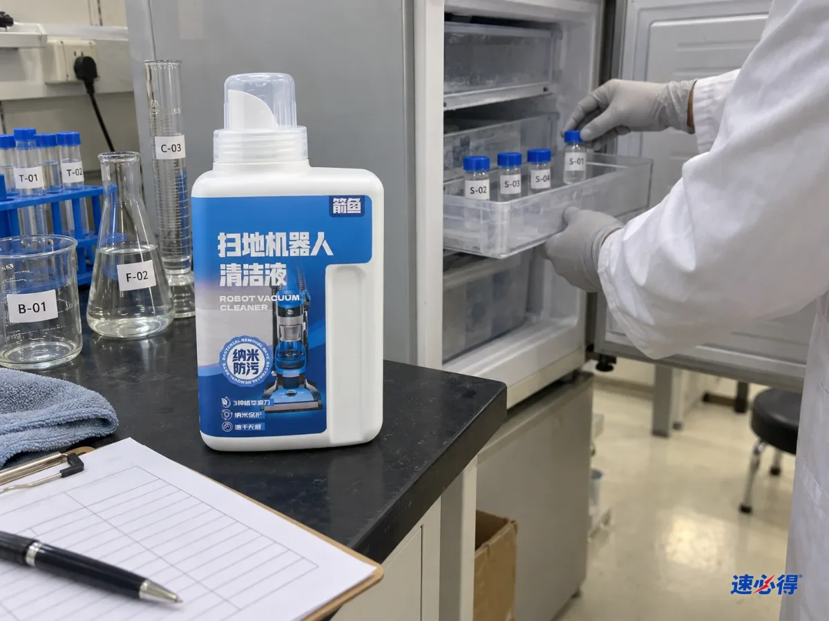 戴手套的手把样品瓶放入低温柜，旁边有记录表
