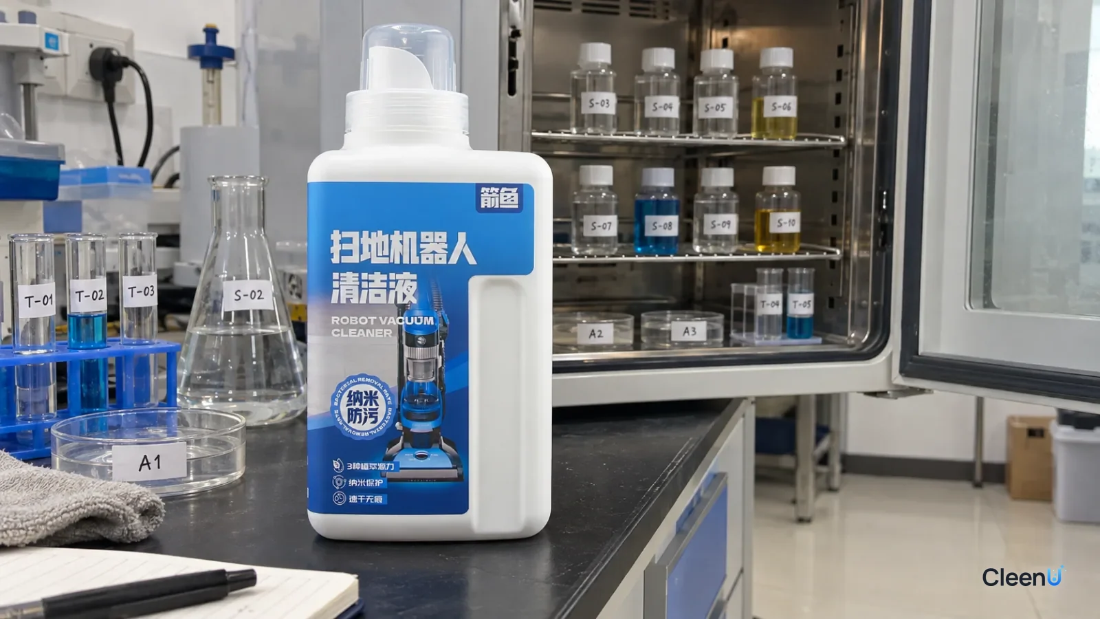 Rows of sample bottles inside an open laboratory chamber