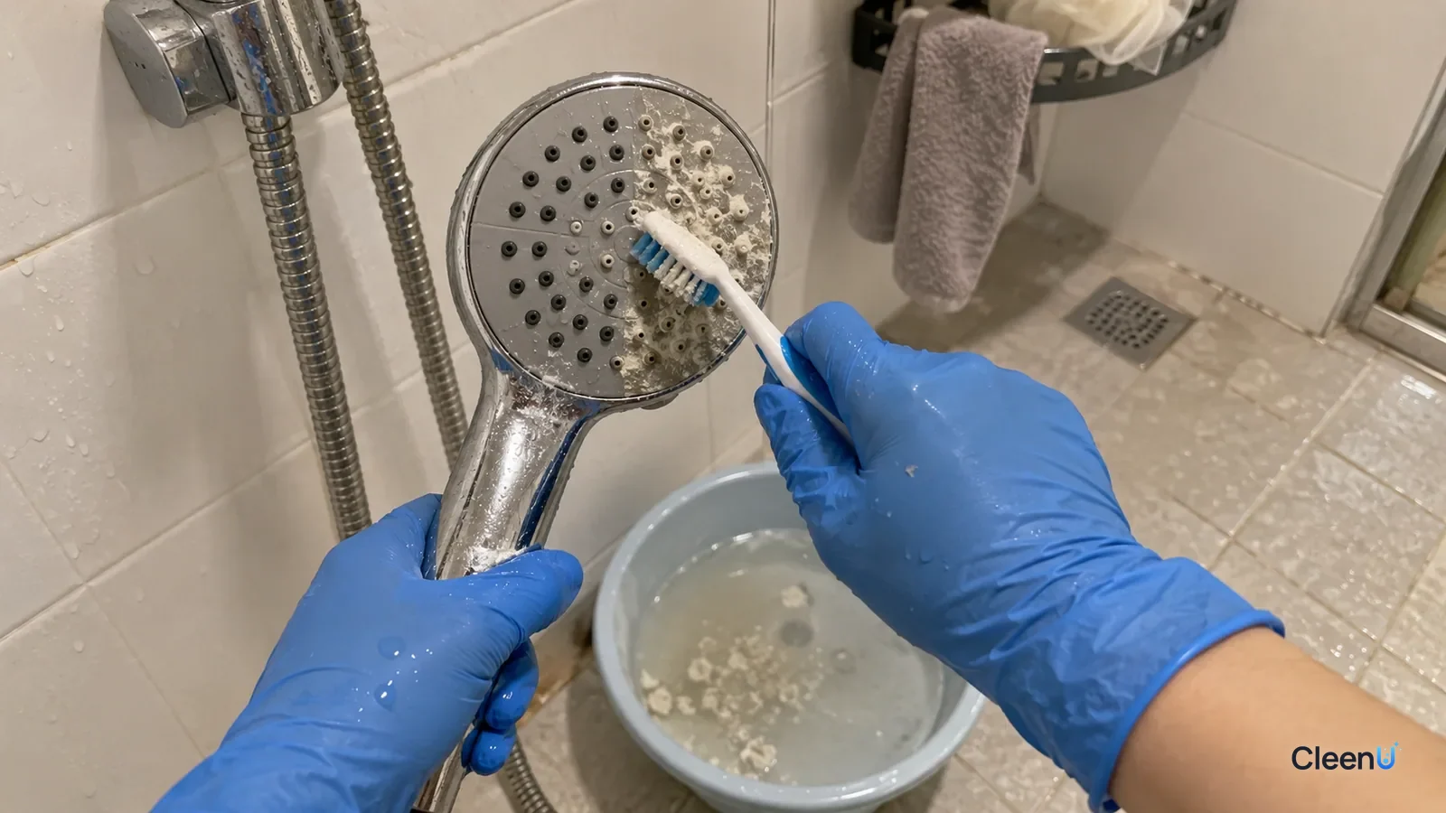 Blue nitrile-gloved hand scrubbing a wall-mounted shower head with an old toothbrush, white flakes on the bristles, one side of nozzles clear, the other still crusted