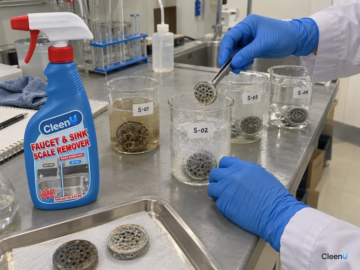 Lab bench: coded beakers soaking scaled showerhead plates; bubbles rise in one as the scale loosens, a technician lifts a plate with tweezers, beside CleenU Faucet & Sink Scale Remover.