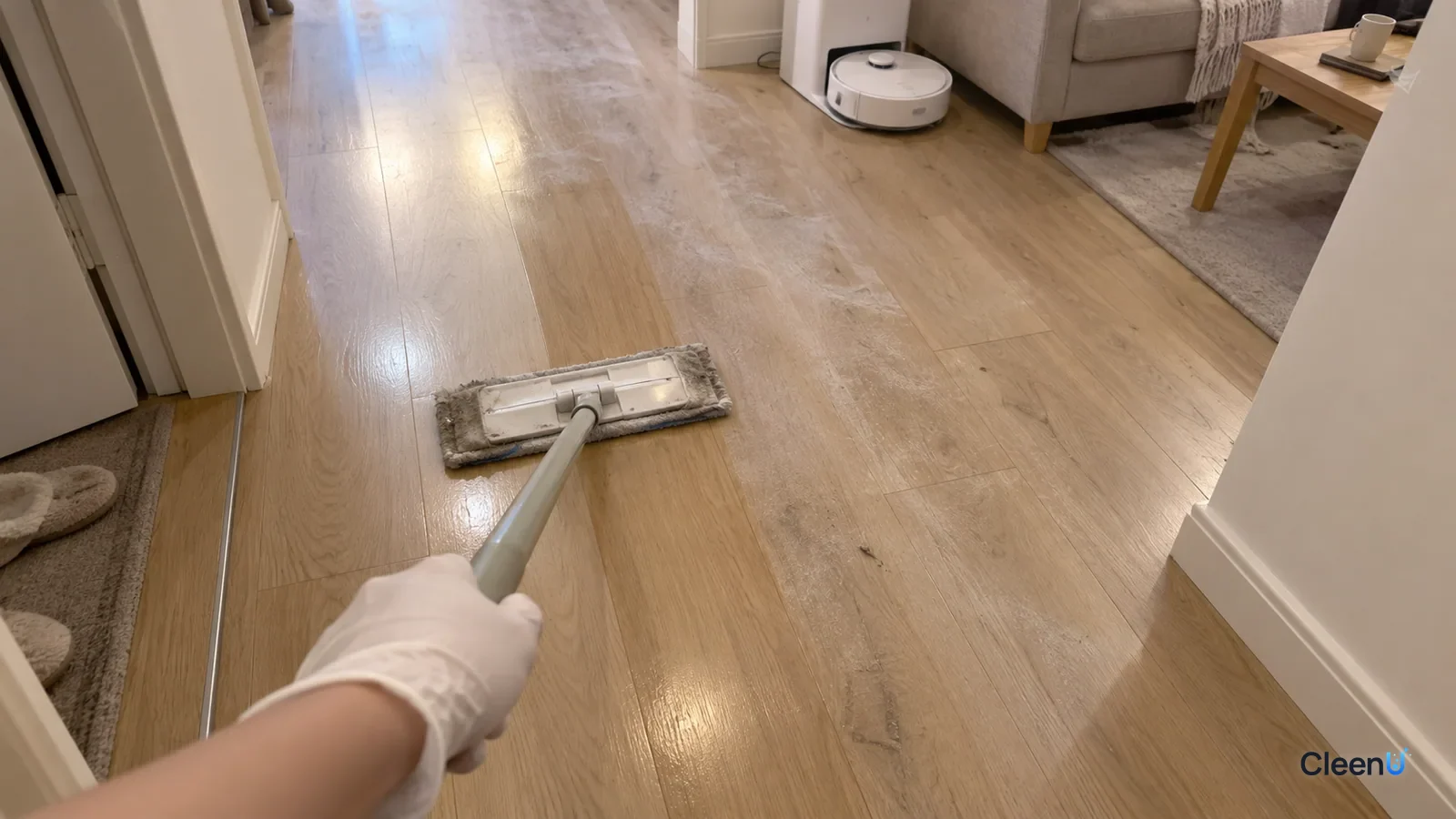 First-person: a white nitrile-gloved hand pushes a wrung flat mop along a light oak laminate hallway, one strip back to wood grain beside white streaks, the pad edge turning gray.