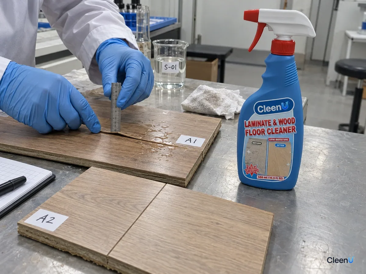 Lab bench: two coded laminate samples, one swollen at the seam after standing water, one quickly dry after wood floor cleaner, beside CleenU Laminate & Wood Floor Cleaner.