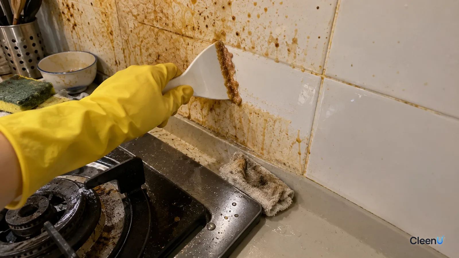 First-person close-up: a hand in yellow rubber gloves scrapes old grease from white tile by the stove with a plastic scraper; brown sludge piles at the edge, one white stripe.