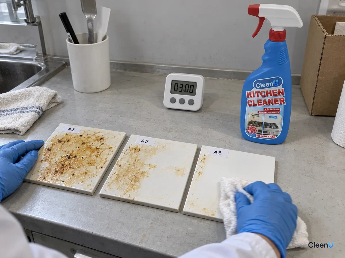 Lab bench: three coded tile panels with baked-on grease wiped right away, after 3 minutes, and after 5 minutes of degreaser; results improve in order, beside CleenU Kitchen Cleaner & Degreaser.