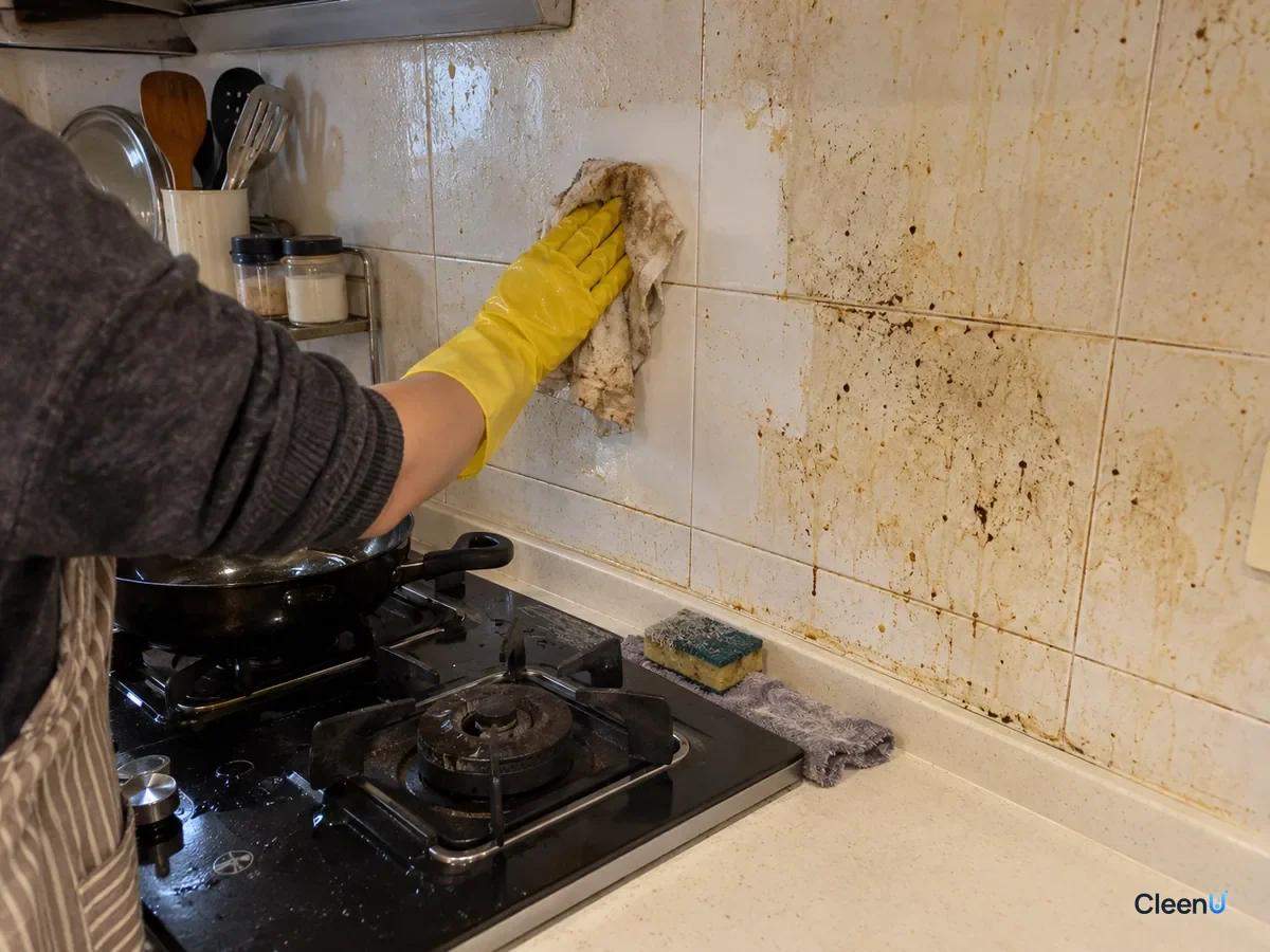From a step away, a forearm in yellow rubber gloves wipes loosened grease off the backsplash with a damp cloth; the cloth turning yellow, one patch white, grease still beside it.