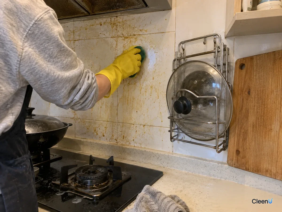 By the stove, a hand in yellow rubber gloves wipes old grease off white wall tile with the soft side of a sponge, next to an aluminum lid rack and a raw wood cutting board it does not touch.