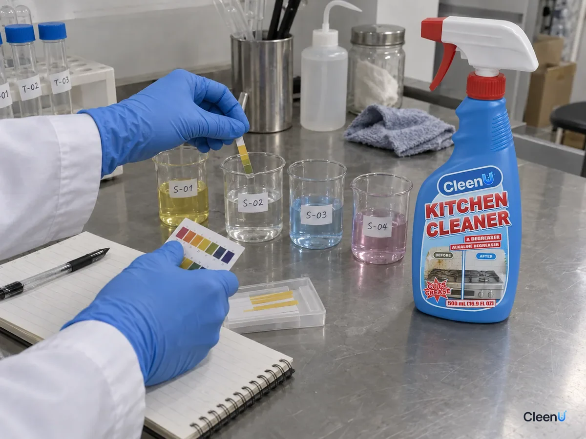 Lab bench: coded beakers of solutions at different pH; a technician in nitrile gloves tests them with pH strips and takes notes, beside CleenU Kitchen Cleaner & Degreaser.