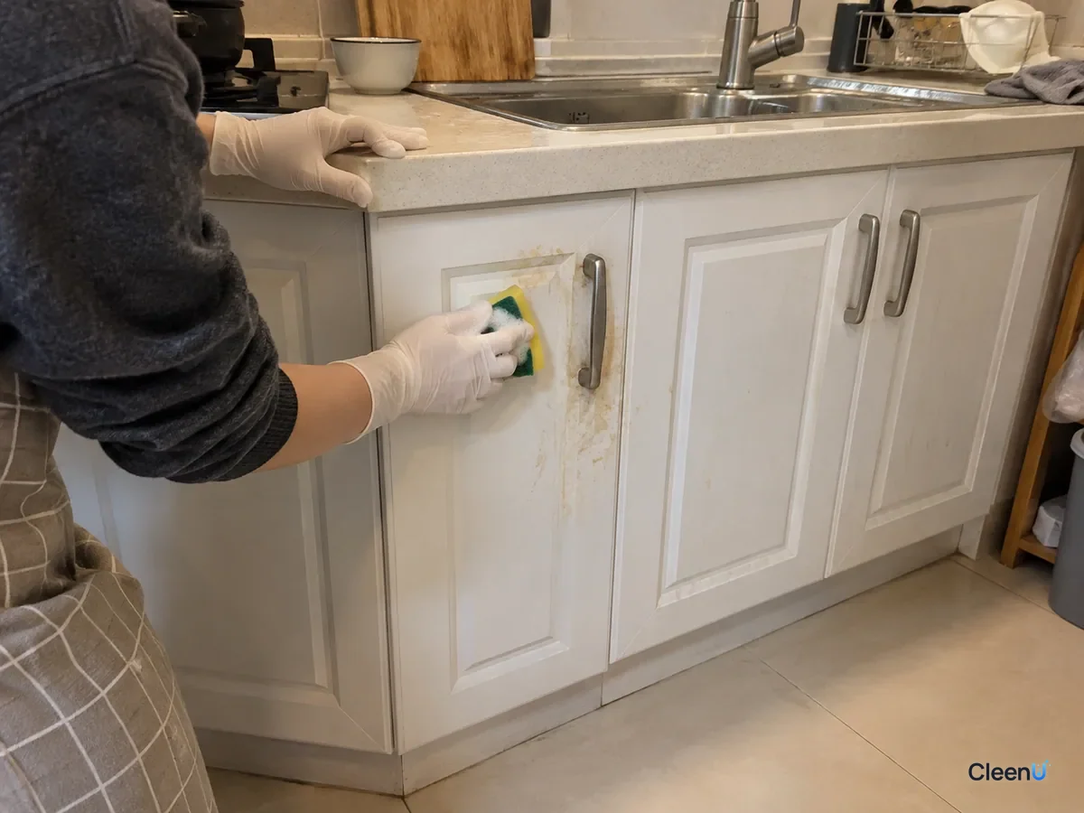 At an old white cabinet, a white nitrile-gloved hand sponges greasy prints around a door handle, one patch clean, a little foam on the sponge.
