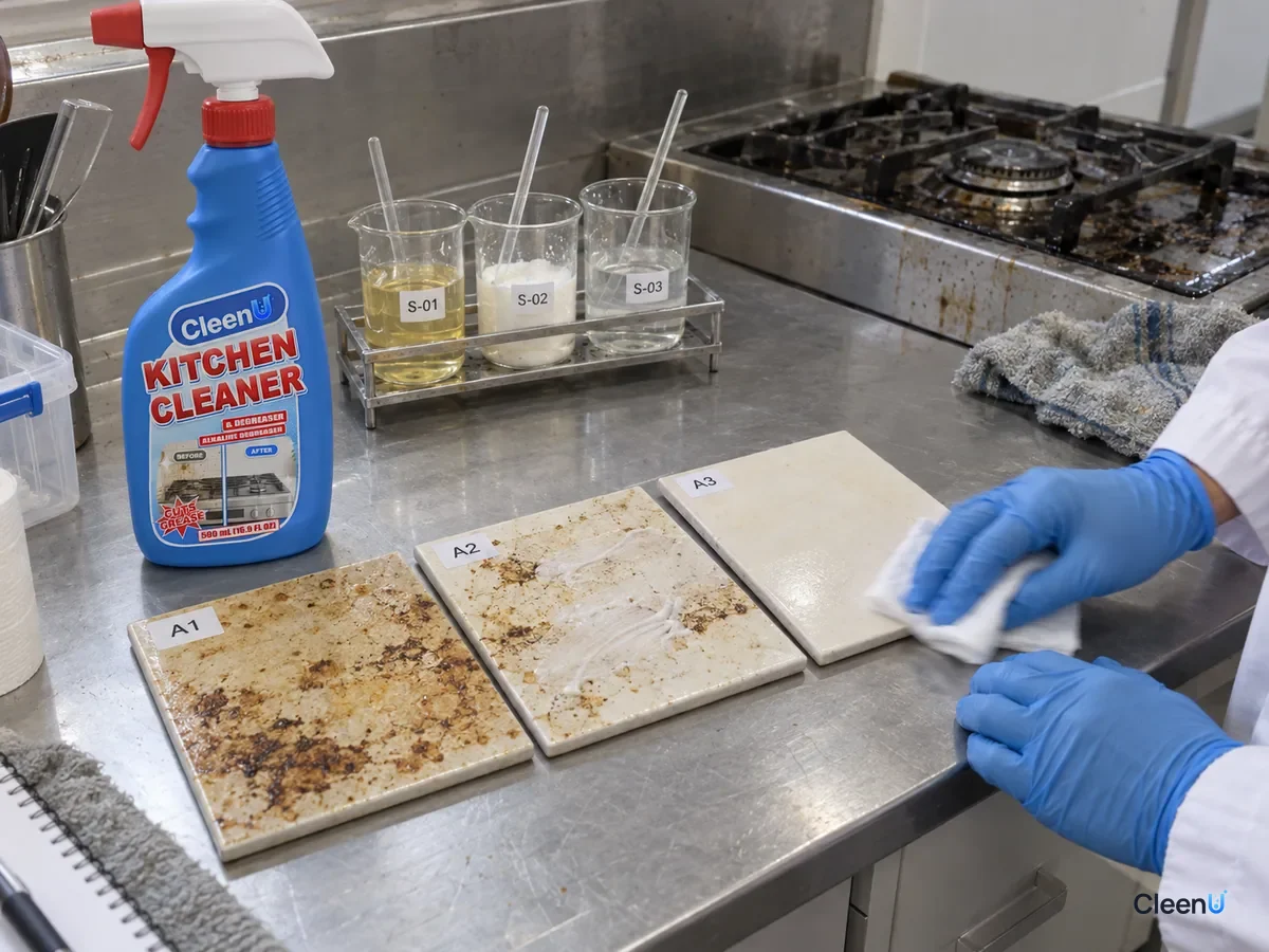 Lab bench: three coded tiles with baked-on old grease treated with dish soap, baking soda paste, and degreaser; the degreaser tile is cleanest, beside CleenU Kitchen Cleaner & Degreaser.