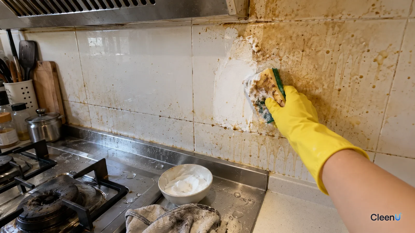 Yellow rubber-gloved hand scrubbing old grease off tile behind the stove with baking soda paste on a sponge, yellow-brown sludge on it, one patch white beside yellow film