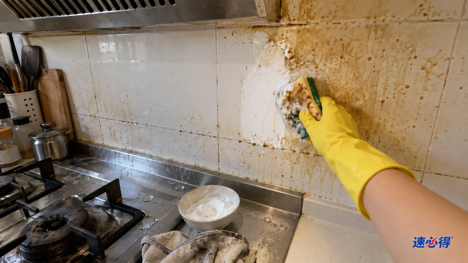 一只戴黄色橡胶手套的手用海绵蘸小苏打糊擦灶台后墙砖老油垢，海绵上沾着黄褐油泥，擦过一块露白，旁边还是黄油层。