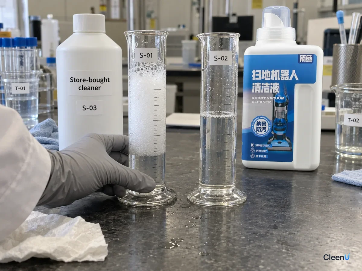 AI illustration: Two graduated cylinders with different foam heights beside two differently packaged bottles