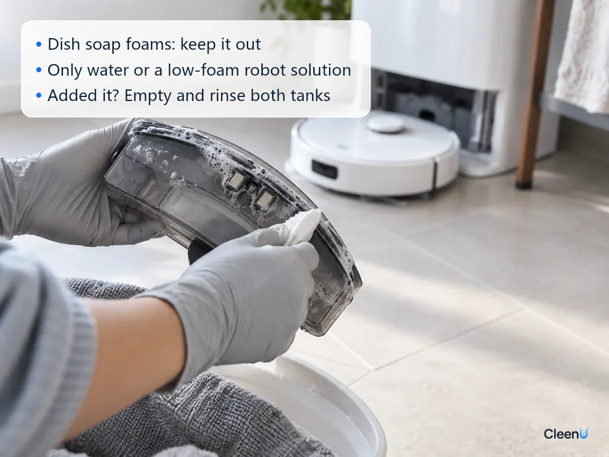 AI illustration: A gloved hand holding the lid of a robot vacuum dirty water tank, with a ring of white foam around the seam and contacts