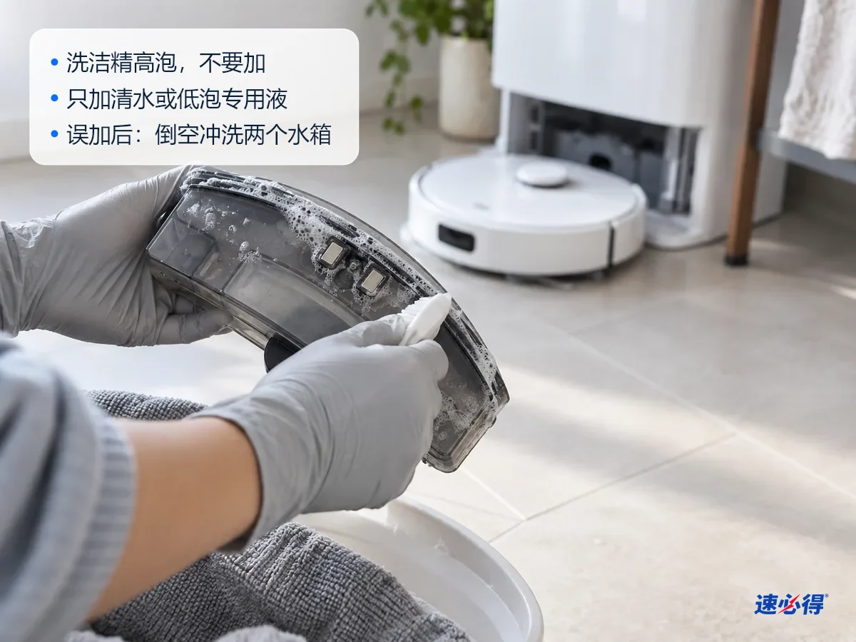 AI 示意图：戴手套的手托着扫地机器人污水箱的盖子，盖缝和触点周围挂着一圈白色泡沫