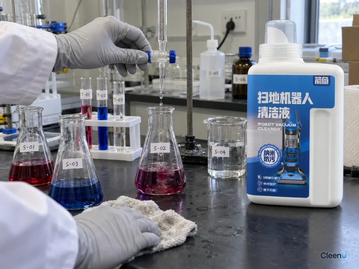AI illustration: A burette and flasks of differently colored liquids beside a blue bottle on a laboratory bench