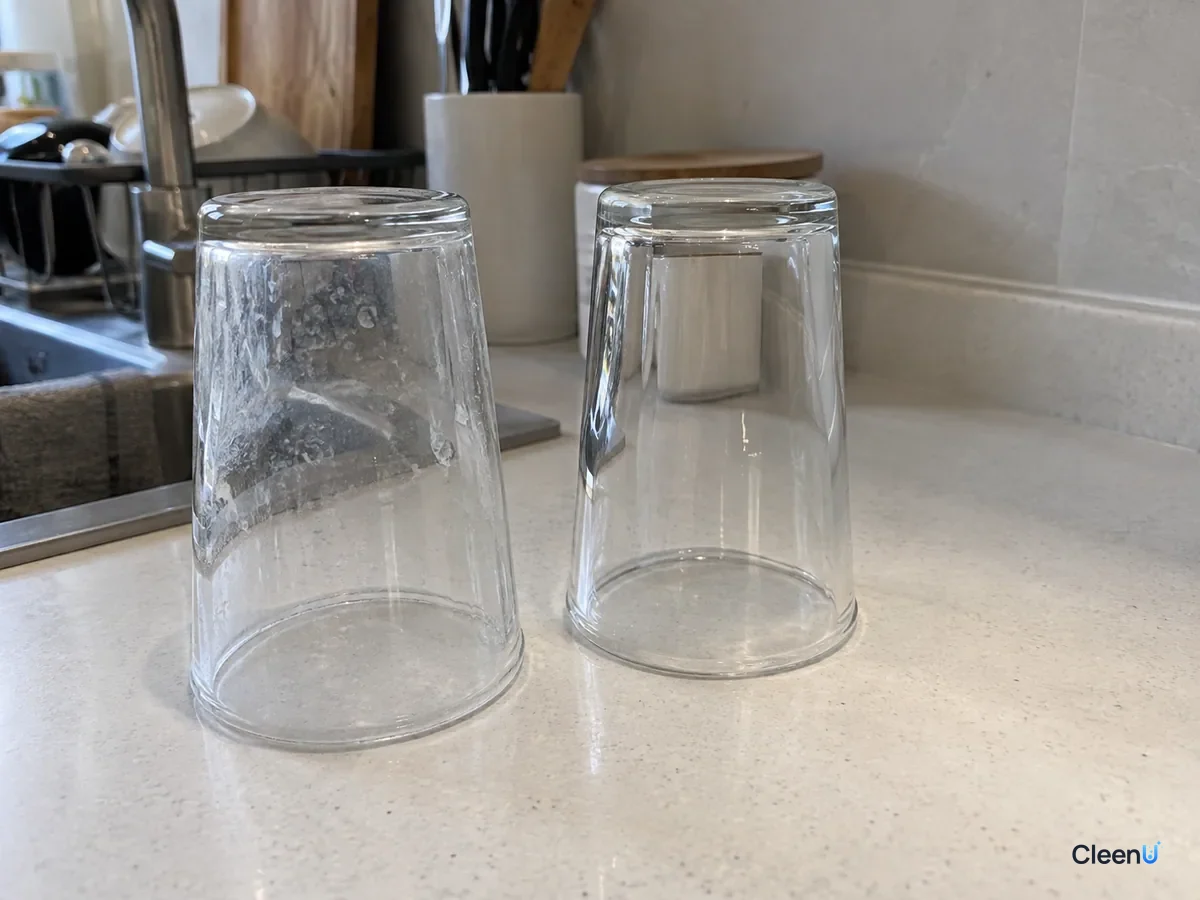 AI illustration: Two drinking glasses side by side after air-drying, one with a white water ring and the other nearly spotless