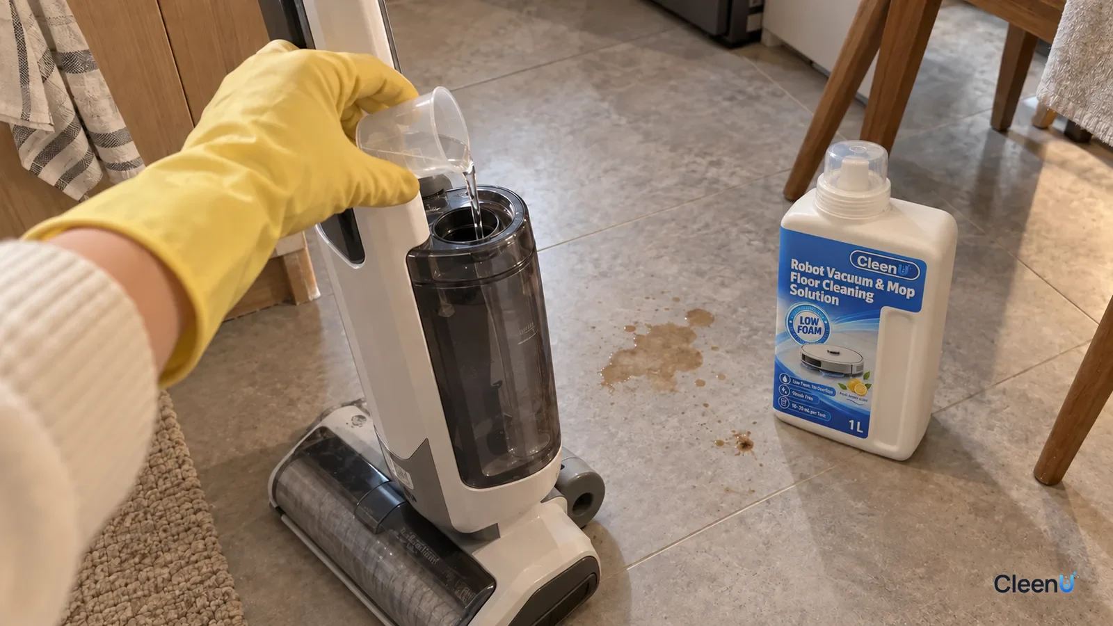 A yellow-gloved hand pours solution into a wet-dry vacuum's water tank on a stained floor, beside a CleenU Low Foam bottle.
