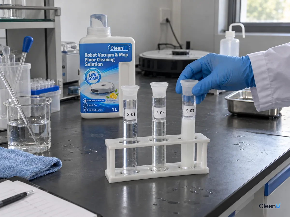 A lab tech compares cylinders S-01 to S-03 from clear to milky samples, beside a CleenU Robot Vacuum & Mop Low Foam bottle.