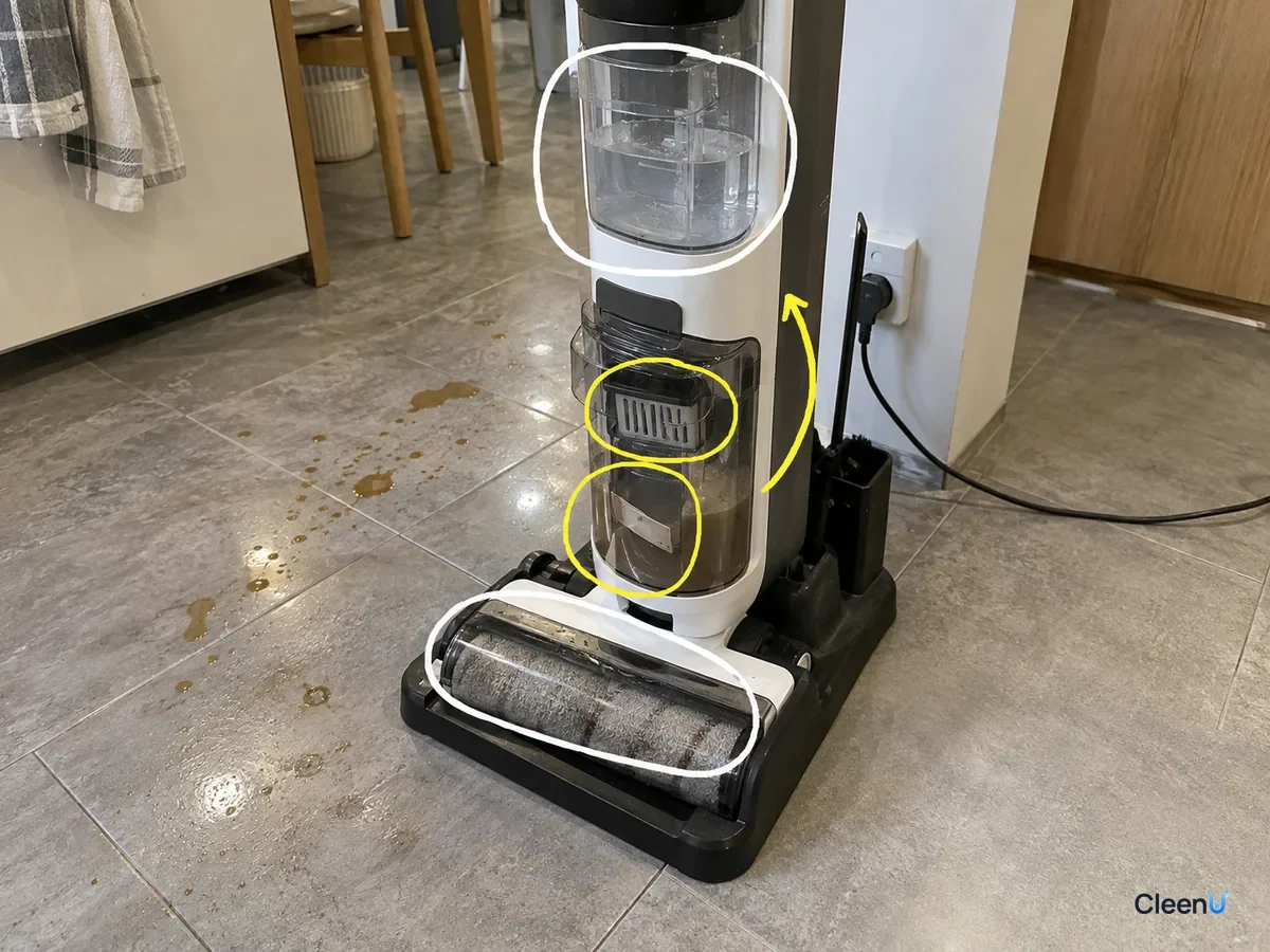 A wet-dry vacuum in its dock with the clean water tank, the dirty water tank filter and the brush roller marked on a stained floor.