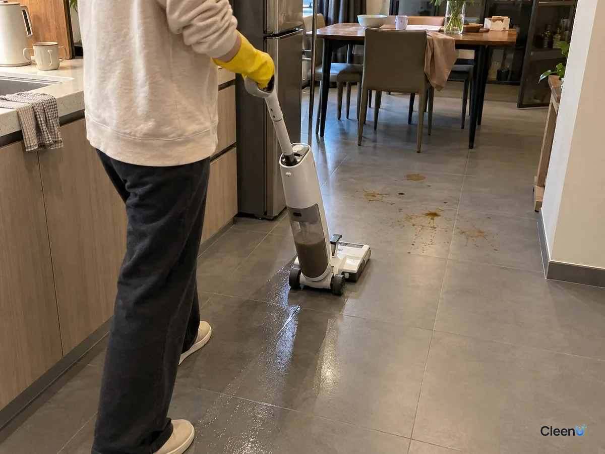A person in yellow gloves runs a cordless wet-dry vacuum over kitchen floor tiles spotted with brown food stains.