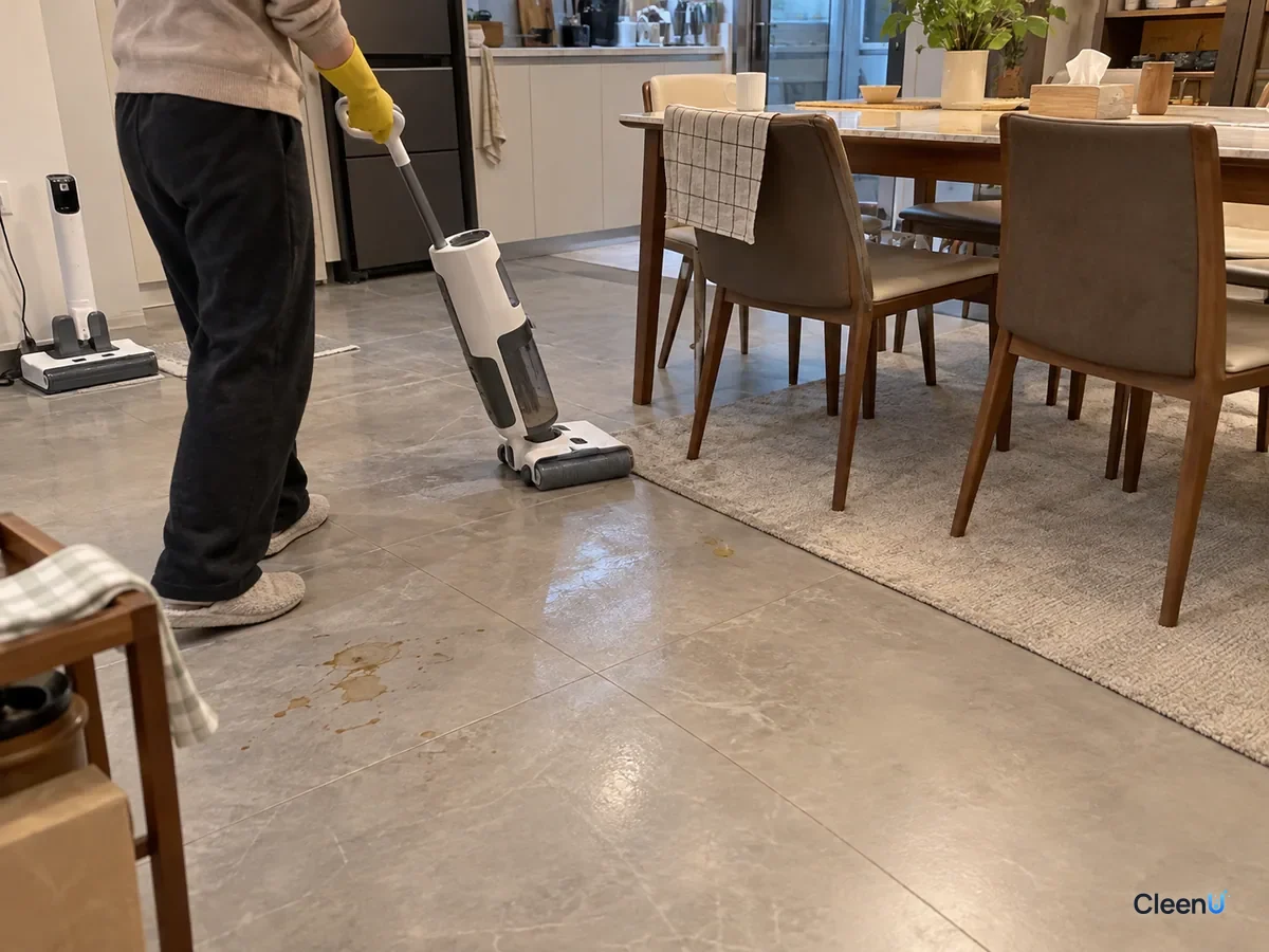 A person uses a cordless wet-dry vacuum on a dining room floor scattered with food stains, the cleaner's dock in the corner.