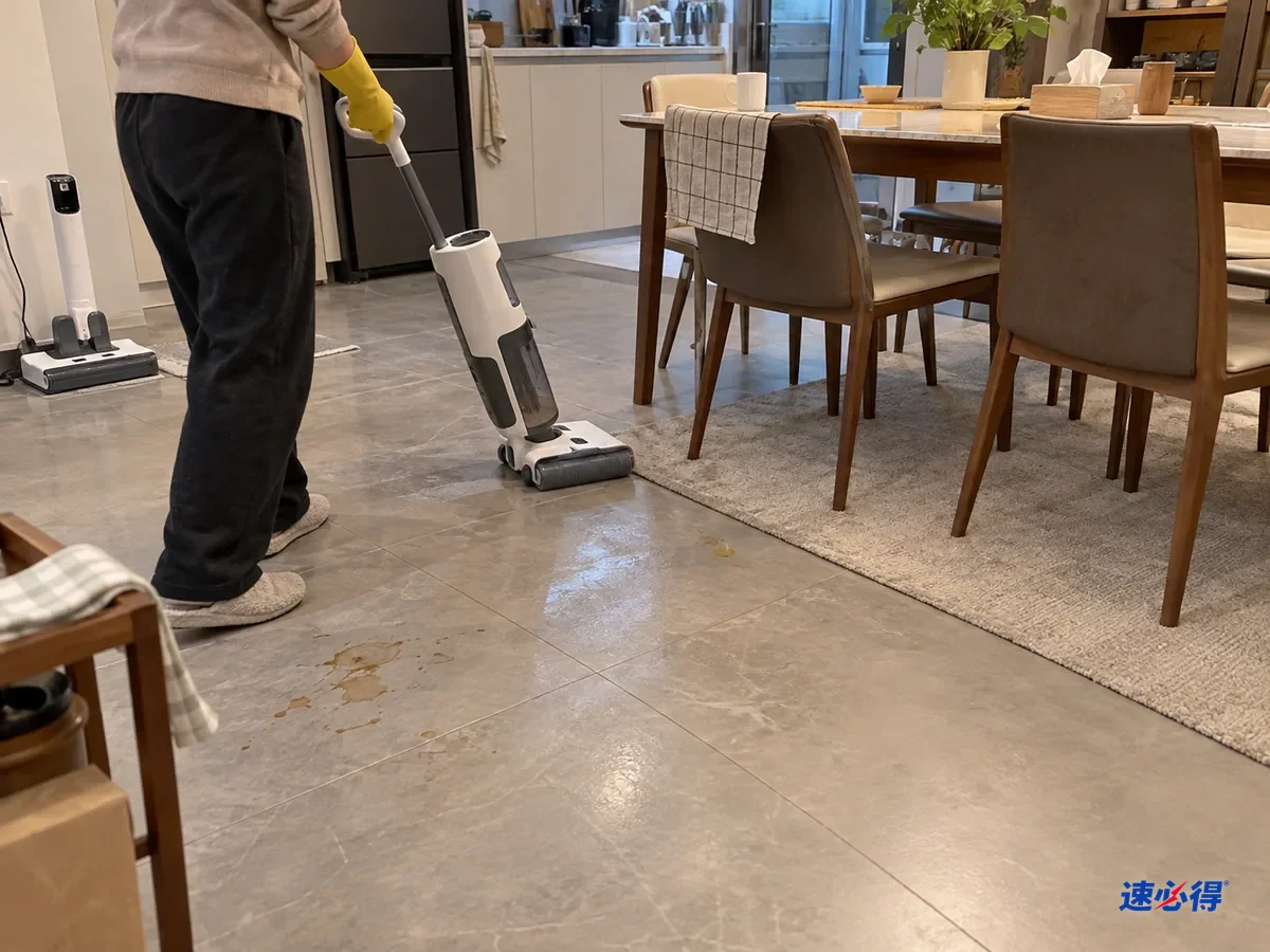 我戴黄色橡胶手套推着无品牌立式洗地机沿餐桌下的灰色瓷砖拖过，滚刷停在一块浅色地毯边缘前没有压上去，地毯旁边的瓷砖上还有一个小油点。