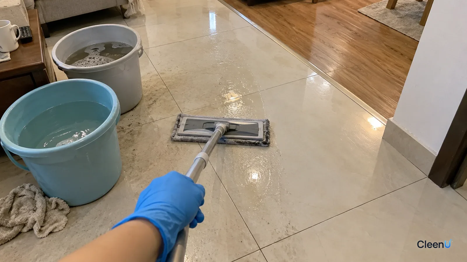 Blue nitrile-gloved hand pushing a wrung flat mop for a plain-water pass on tile, one clean damp strip, a clean bucket beside a cloudy one