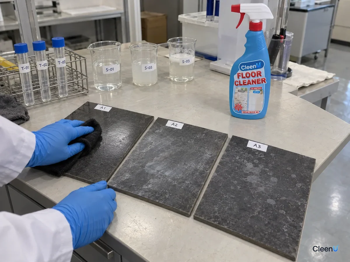 Lab bench: three coded dark tiles mopped at label strength, double strength, and with dish soap; the latter two look hazy when tested with a black cloth, beside CleenU Floor Cleaner.