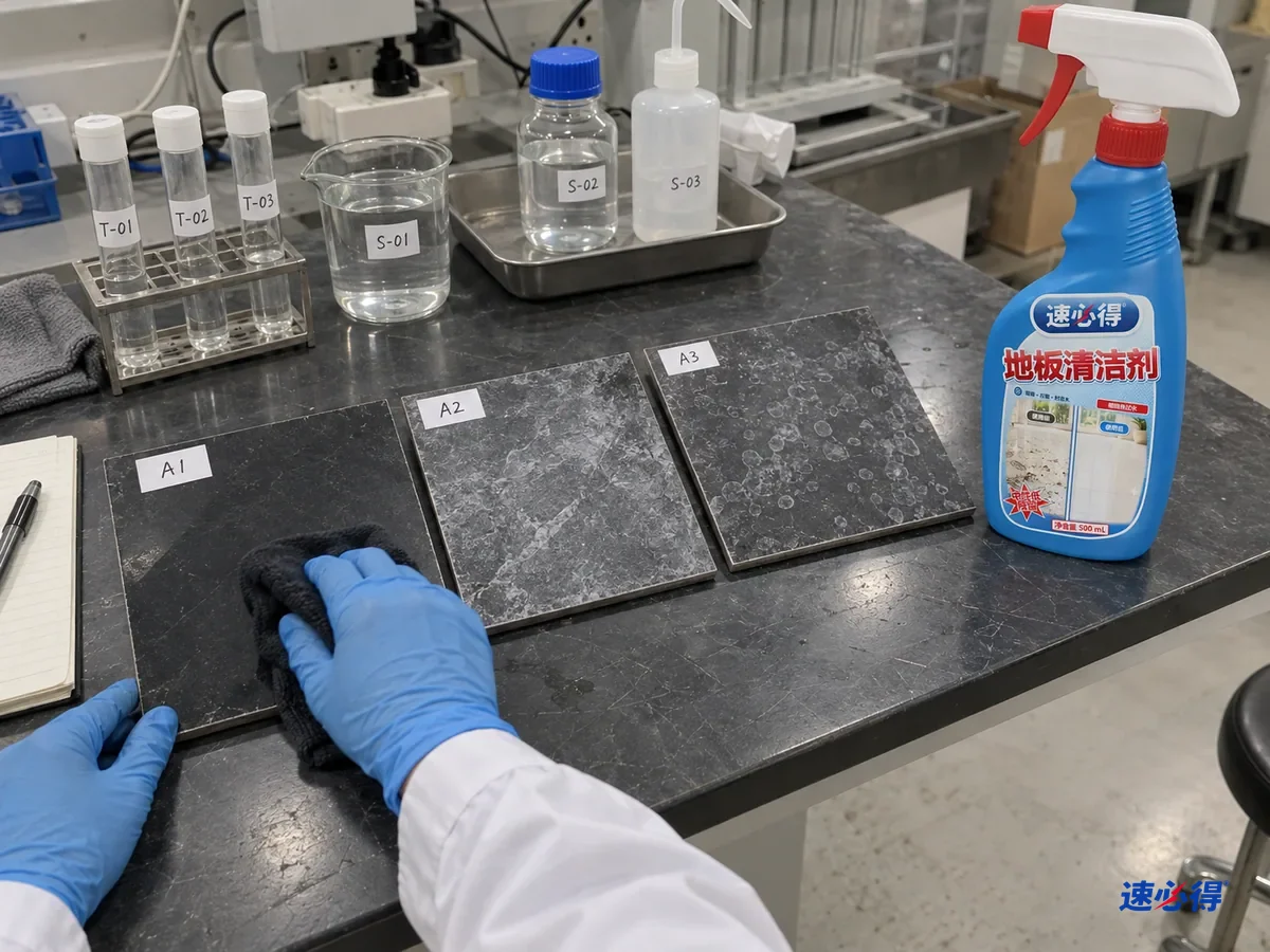 实验台上三块贴着不同测试编号的深色瓷砖样板，分别用标签比例、加倍浓度和洗洁精拖过并晾干，加倍和洗洁精那两块发白发花，技术人员用黑布擦试比较，台面上放着一瓶速必得地板清洁剂。
