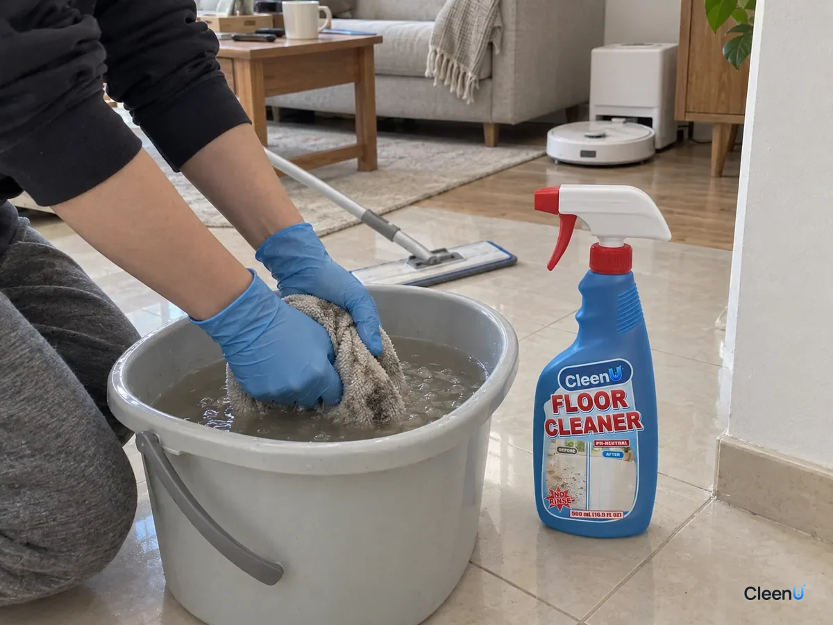 Person half-bent in blue nitrile gloves rinsing a mop pad in a bucket, the water turning grey, a capped CleenU Floor Cleaner standing by the bucket
