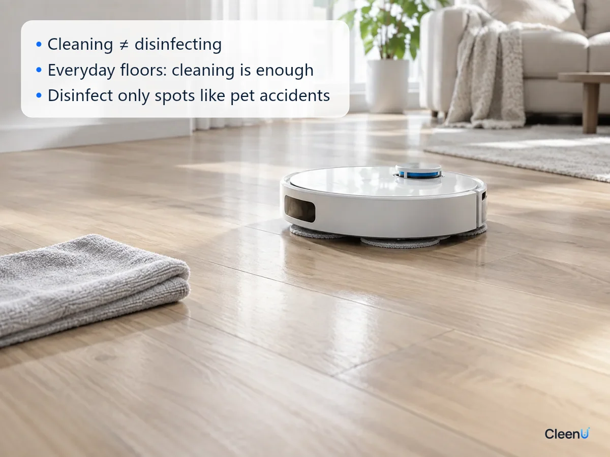 AI illustration: A clean section of light wood floor where a robot has mopped, next to a folded microfiber cloth