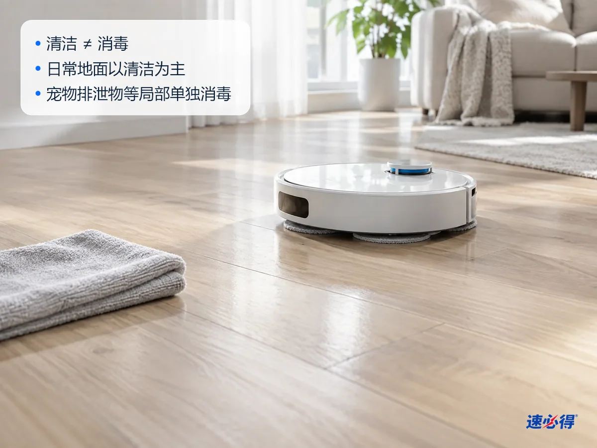 AI 示意图：浅色木地板上，扫地机器人拖过的区域干净，旁边放着一块叠好的超细纤维布