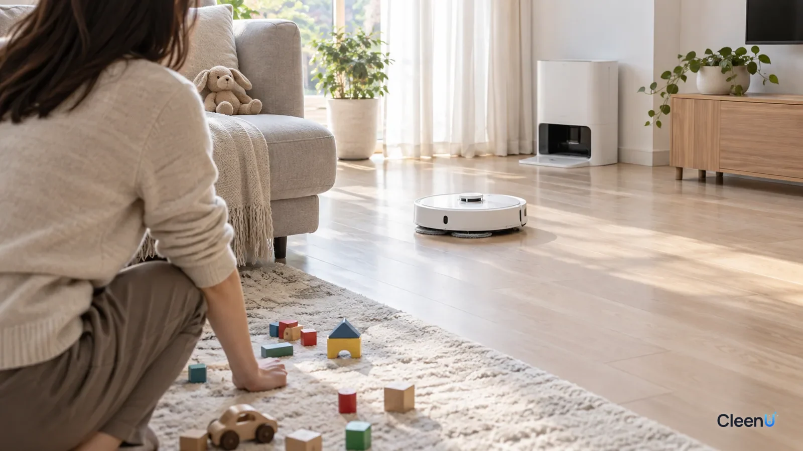 AI illustration: A person crouching by the living room floor watching a robot mop work, with a few building blocks scattered on the rug nearby