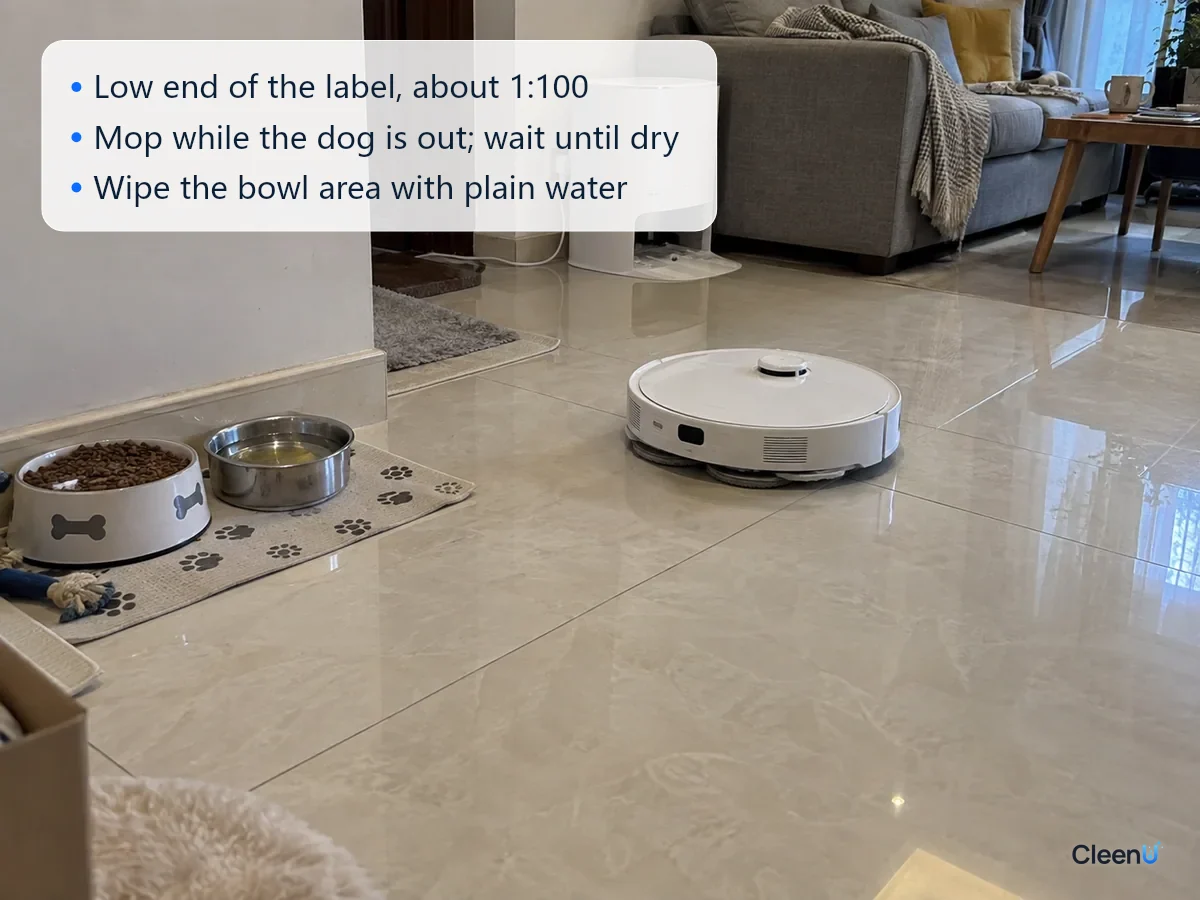 AI illustration: A robot mop working across light living room tile, with the floor around a dog's food and water bowls wiped separately and shining clean