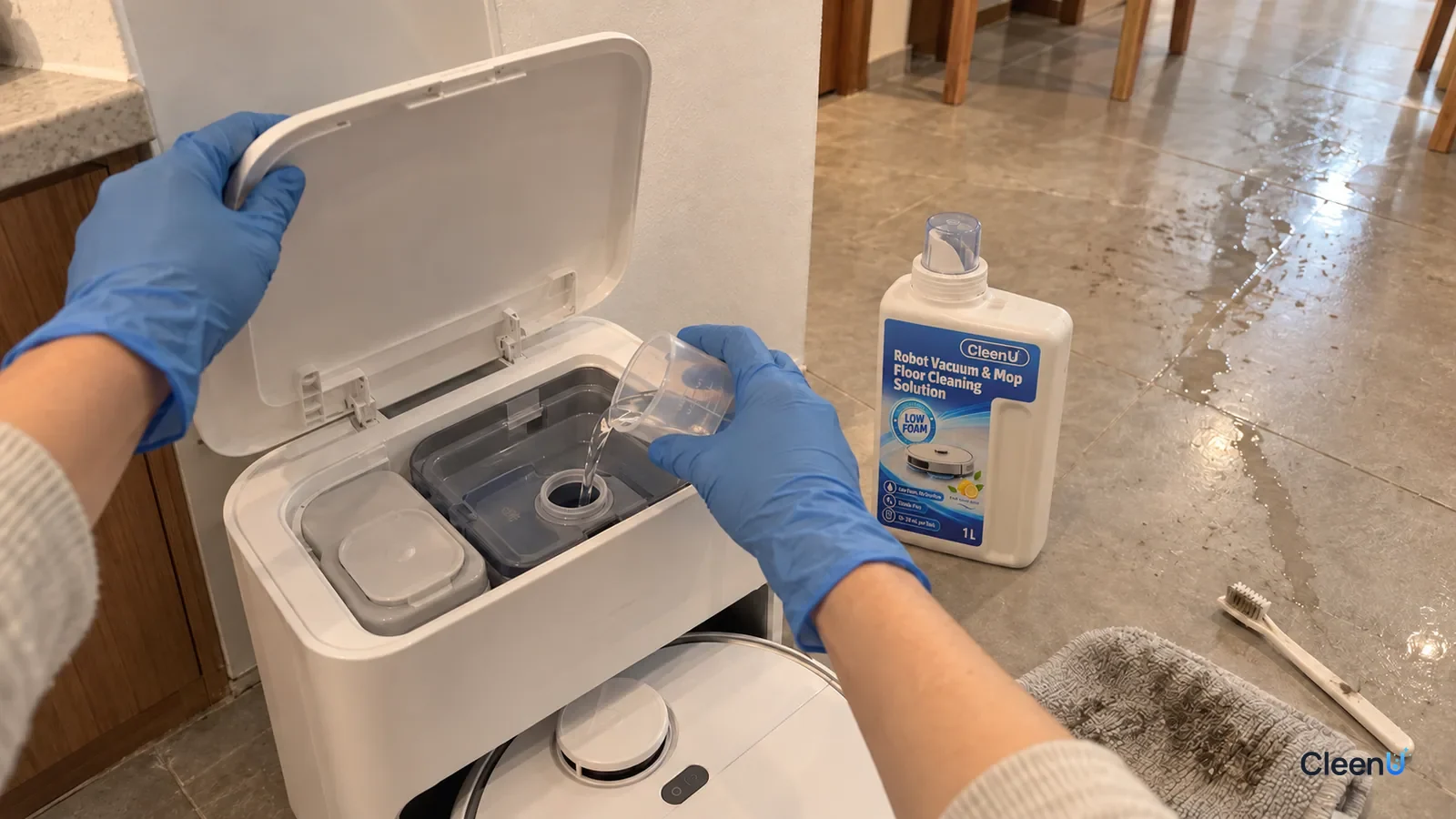 A gloved hand holds open a white dock and pours from a clear cup into its compartment, beside CleenU Robot Mop solution.