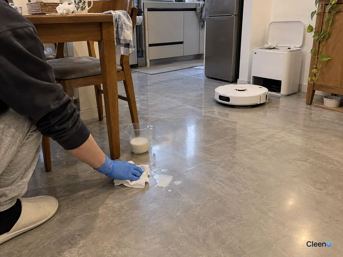 A person in blue gloves crouches by the dining table and wipes up a small milky spill on gray tile, the robot vacuum nearby.